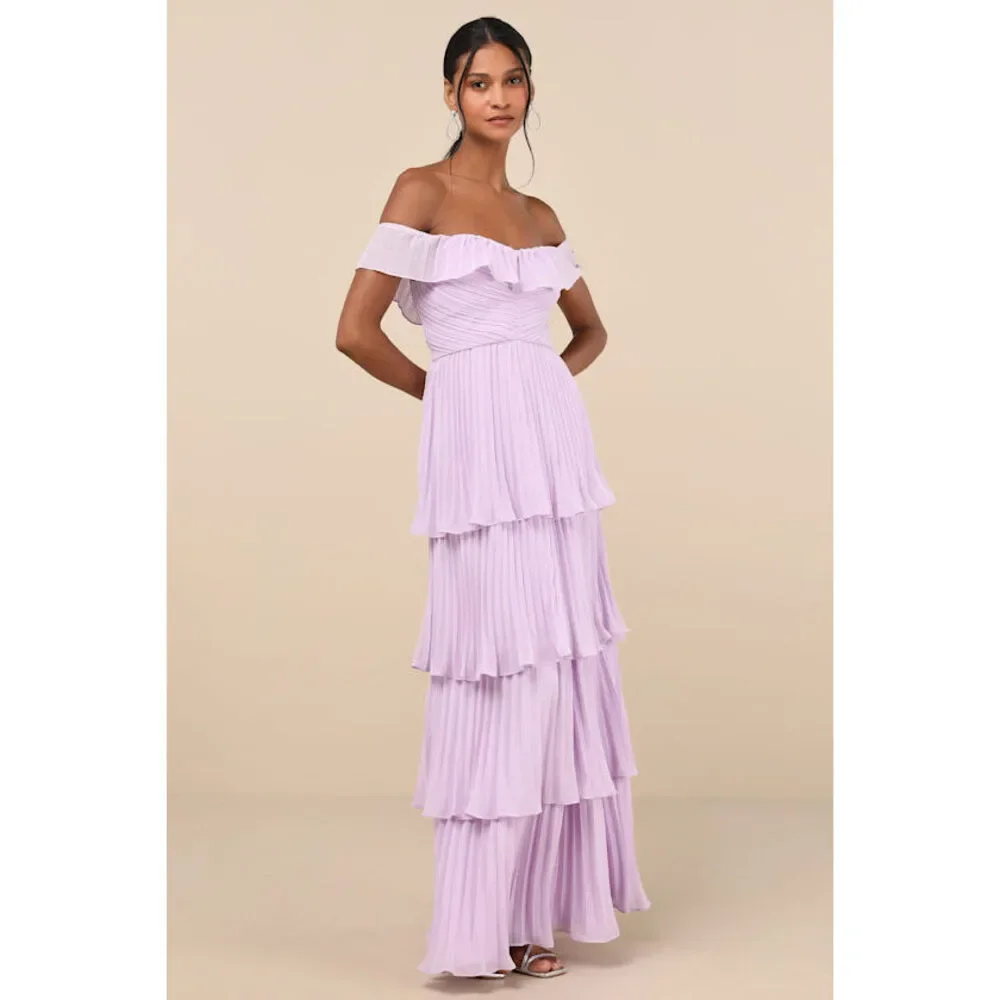 Lulus Always Remarkable Lavender Pleated Off-the-shoulder Maxi Dress Purple - Picture 1 of 1